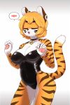  2019 5_fingers anthro bell big_breasts blonde_hair breasts camel_toe cleavage clothed clothing eyes_closed felid female fingers fur glitch hair hi_res invalid_tag jupiter_europe leotard looking_at_viewer mammal nipple_outline orange_body orange_fur pantherine solo standing striped_body striped_fur stripes tiger 