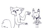  :3 ambiguous_gender anthro arctic_fox arm_tuft barefoot black_and_white bottomwear canid canine cheek_tuft chest_tuft clothed clothing disney duo ear_markings elbow_tufts face_tuft facial_markings fox fuel_(artist) fully_clothed half-closed_eyes head_markings head_tuft hi_res inner_ear_fluff jack_savage lagomorph leporid mammal markings monochrome necktie nude one_ear_up open_mouth pants pawpads pedestal rabbit simple_background sketch skye_(zootopia) standing suit tuft white_background zootopia 