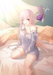  1girl absurdres bag bangs bare_shoulders cat collarbone commentary_request emilia_(re:zero) eyebrows_visible_through_hair hair_ornament highres long_hair long_sleeves looking_at_viewer off_shoulder on_bed one_eye_closed pink_bag puck_(re:zero) purple_eyes re:zero_kara_hajimeru_isekai_seikatsu shirt sitting sleeves_past_wrists umeno_(tuzk7284) upper_teeth white_shirt 