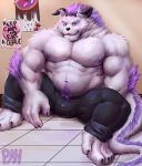  2019 5_fingers absurd_res anthro arm_tuft behemoth behemoth_(housamo) big_bulge big_muscles black_horn black_nose body_hair bottomwear bulge clothed clothing fingers fur grey_eyes hair happy_trail hi_res horn looking_at_viewer male muscular muscular_male pants physen purple_hair sitting solo topless tuft white_body white_fur 