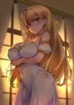  1girl :&lt; backlighting bangs bare_shoulders blonde_hair blurry blurry_background blush breast_hold breasts cleavage closed_mouth collarbone covered_navel cowboy_shot crossed_arms curtains depth_of_field detached_sleeves dress evening eyebrows_visible_through_hair indoors large_breasts long_hair looking_at_viewer nijisanji pink_eyes puffy_short_sleeves puffy_sleeves short_sleeves solo strapless strapless_dress sunlight sunset takamiya_rion try v-shaped_eyebrows very_long_hair virtual_youtuber white_dress window 