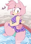  2019 5_fingers amber_eyes anthro argento bikini black_nose butt clothing eulipotyphlan female fingers hair hedgehog looking_at_viewer looking_back mammal partially_submerged pink_hair signature solo sonic_(series) swimming_pool swimwear vio_(argento) water wet yellow_eyes 