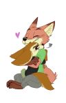 &lt;3 absurd_res anthro barefoot black_nose blush bottomwear brown_body brown_eyes brown_fur canid canine charliebarkinq cheek_tuft clothed clothing disney duo ears_back eyes_closed face_tuft fennec finnick fluffy fluffy_tail fox fully_clothed fur grin head_tuft hi_res mammal nick_wilde orange_body orange_fur pants pawpads pivoted_ears red_fox sharp_teeth shirt simple_background sitting smile tan_body tan_fur teeth topwear tuft white_background zootopia 