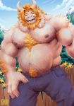  2019 absurd_res armpit_hair asgore_dreemurr barazoku beard belly biceps big_muscles blonde_hair body_hair boss_monster bottomwear bovid bulge caprine chest_hair chest_tuft clothed clothing crown eyes_closed facial_hair fur goat hair happy_trail hi_res horn jeans male mammal musclegut muscular muscular_male mustache navel nipples pants physen smile solo standing topless tuft undertale video_games white_body white_fur white_horn 