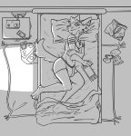  anthro bed bedroom black_and_white bulge clothing domestic_cat fangs fawkesdrox felid feline felis food furniture male mammal monochrome nintendo nintendo_switch pillow pizza sleeping switch underwear video_games 