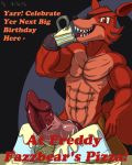  animal_genitalia animal_penis anthro anthrofied biceps big_penis black_nose bottomwear broken_condom cake canid canine canine_penis clothed clothing condom eye_patch eyewear fangs five_nights_at_freddy&#039;s food food_play fox foxy_(fnaf) fur glenskunk hi_res hook huge_penis knot male mammal muscular muscular_male open_mouth pants penis red_body red_eyes red_fur sharp_teeth teeth text topless video_games 
