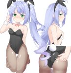  1girl absurdres adjusting_clothes adjusting_leotard ahoge animal_ears ass_visible_through_thighs azur_lane bangs bare_shoulders black_hairband black_leotard blue_hair blush bow bowtie breasts brown_legwear bunny_ears bunny_girl bunny_tail bunnysuit closed_mouth collar commentary_request detached_collar eyebrows_visible_through_hair fake_animal_ears green_eyes hairband hand_up highres kneeling l&#039;opiniatre_(azur_lane) leotard long_hair multiple_views no_shoes nose_blush pantyhose parted_lips red_neckwear roido_(taniko-t-1218) side_ponytail sidelocks simple_background small_breasts strapless strapless_leotard tail thigh_gap very_long_hair white_background white_collar wing_collar wrist_cuffs 