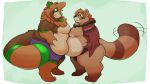  16:9 4_toes anthro artie_(the-b3ing) belly belly_bump black_eyes black_nose border bottomwear brown_body brown_fur brown_hair canid canine catarsi chubby_cheeks clothed clothing digital_drawing_(artwork) digital_media_(artwork) duo eye_contact full-length_portrait fur green_background green_body green_fur green_nose hair hand_on_stomach hi_res holding_belly jewelry long_tail looking_at_another male male/male mammal moobs multicolored_body multicolored_fur necklace overweight overweight_male portrait raccoon_dog shorts simple_background slightly_chubby smile standing tailwag tanuki toes topless topwear underwear white_border 