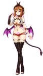  1girl :d atelier_(series) atelier_ryza barbariank black_footwear black_gloves blush boots breasts bridal_gauntlets brown_hair cleavage commentary crossed_legs demon_horns demon_tail demon_wings earrings english_commentary eyebrows_visible_through_hair fangs full_body gloves hair_ornament hairclip hand_up hat heart heart-shaped_pupils highres horns inward_v jewelry large_breasts looking_at_viewer micro_shorts open_mouth pink_eyes pointy_ears pubic_hair red_shorts reisalin_stout revealing_clothes short_hair shorts simple_background single_glove smile solo standing symbol-shaped_pupils tail thigh_boots thighhighs toeless_boots v watson_cross white_background white_headwear white_legwear wings 