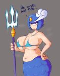  animal_humanoid armor belly big_breasts bikini blue_clothing breasts capcom clothing english_text female fupoo headgear helmet humanoid looking_at_viewer machine marine mega_man_(series) melee_weapon merfolk midriff polearm robot simple_background solo splash_woman swimwear text trident video_games weapon wet 