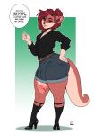  2019 anthro big_penis boosterpang bottomwear bulge clothed clothing digital_media_(artwork) english_text footwear girly green_eyes hair hi_res high_heels huge_penis humanoid_penis looking_at_viewer lutrine male mammal mustelid penis penis_through_leghole poking_out ponytail red_hair remi_beauclair shirt shoes shorts simple_background smile solo standing text thick_thighs topwear wide_hips 