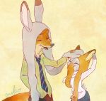  anthro bottomwear canid canine clothed clothing disney duo eyes_closed fox fully_clothed fur grey_body grey_fur judy_hopps lagomorph leporid mammal monmokamoko nick_wilde open_mouth open_smile orange_body orange_fur pants rabbit red_fox shirt simple_background smile standing topwear yellow_background zootopia 