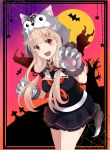  1girl :d arumikan bat black_ribbon black_serafuku black_skirt blonde_hair claw_pose cowboy_shot fangs full_moon gloves hair_flaps hair_ornament hair_ribbon hairclip halloween highres kantai_collection long_hair looking_at_viewer messy_hair moon neckerchief open_mouth paw_gloves paws pleated_skirt red_eyes red_neckwear remodel_(kantai_collection) ribbon school_uniform serafuku skirt smile solo yuudachi_(kantai_collection) 