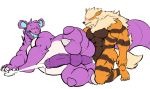  2018 ahegao anal anthro arcanine belly big_belly big_penis blue_tongue blush chisuun cum cum_in_ass cum_inside cumshot ejaculation eyes_closed fur humanoid_penis looking_pleasured lying male male/male muscular muscular_male nidochi nidoking nintendo on_side open_mouth orange_fur orgasm partially_retracted_foreskin penis pok&eacute;mon pok&eacute;mon_(species) purple_skin raised_leg simple_background striped_fur stripes tongue tongue_out uncut vein veiny_penis video_games white_background 