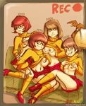  4girls breasts brown_hair dog glasses knee_highs record recording scooby-doo scooby_doo short_hair smile sweater velma_dace_dinkley 