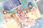  4girls bad_id bad_pixiv_id bath bathing blood blue_scarf blush breasts eggplant hatsune_miku jealous kagamine_len kagamine_rin kaito kamui_gakupo large_breasts megurine_luka meiko multiple_boys multiple_girls naked_scarf nayu nosebleed nude scarf stalking towel vocaloid voyeurism yuri 