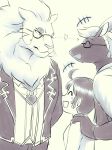  anthro black_fur braided_hair caprine eyes_closed eyewear feline female female_protagonist_(tas) fur glasses goat hair horn human jealousy kemono lion male mammal manzanaringopai monocle protagonist_(tas) smile snow_(tas) tanngrisnir_(tas) tokyo_afterschool_summoners white_fur white_hair 