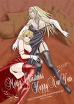  bed blonde_hair blue_eyes breasts dress garter_belt glasses gloves hellsing integra_hellsing jewelry large_breasts long_hair multiple_girls necklace pillow seras_victoria thighhighs 