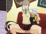  artwork blush censored couch green_eyes hallway headband ice_place living_room long_hair maka_albarn nude penis reverse_cowgirl_position school_uniform sex skirt smile soul_eater straddling sweater vaginal white_hair 