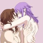  1girl anew_returner artist_request blush brown_hair closed_eyes couple flat_chest gundam gundam_00 hetero hug innovator lockon_stratos lyle_dylandy nipples purple_hair short_hair topless 