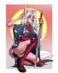  5_fingers butt canid canine clothing fingers fox fur furewix green_eyes hair hi_res long_hair looking_at_viewer mammal melee_weapon pink_body pink_fur robe sword weapon white_hair 