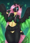  2019 5_fingers anthro areola arthropod breasts changeling cheezayballz digital_media_(artwork) female fingers fluttershy_(mlp) friendship_is_magic green_nipples hair hi_res horn long_hair looking_at_viewer my_little_pony nipples solo wings 