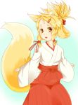  2012 animal_humanoid asian_clothing bell blonde_hair blush breasts canid canid_humanoid canine canine_humanoid clothing dango_ya east_asian_clothing female fox_humanoid hair humanoid japanese_clothing mammal mammal_humanoid miko_outfit open_mouth simple_background solo white_background yellow_eyes 