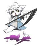  4_fingers anthro black_sclera blush canid canine clothing dress female fingers fox fur hair hi_res kemono long_hair looking_at_viewer mammal melee_weapon open_mouth pawpads polearm scythe solo standing tanu-tan weapon white_body white_fur white_hair yellow_eyes young 