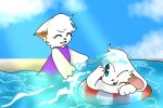  2019 anthro clothed clothing cub digital_media_(artwork) domestic_cat duo eyes_closed felid feline felis female fully_clothed happy lagomorph leocattarts leporid male mammal rabbit swimming_pool toony water young 