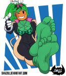  2019 5_toes absurd_res barefoot big_breasts blaster_master breasts cleavage clothed clothing eyewear feet female flora_fauna flower foot_focus goggles green_body green_skin hi_res huge_breasts humanoid humanoid_feet kanna_(blaster_master) not_furry plant plant_humanoid shazzul_(artist) signature soles solo text toes url video_games 