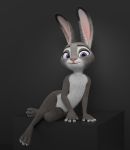  2019 3d_(artwork) anthro biped black_background claws digital_media_(artwork) disney eyebrows eyelashes female fingers fur grey_body grey_fur hi_res judy_hopps lagomorph leporid long_ears looking_at_viewer mammal melo multicolored_body multicolored_ears multicolored_fur nude pink_nose purple_eyes rabbit simple_background sitting smile solo toes white_body white_fur zootopia 