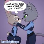  2019 anthro ashe_(starshippizza) bedroom_eyes belt black_nose blush clothed clothing dialogue digital_media_(artwork) dipstick_ears disney domestic_cat duo ears_up english_text eye_contact felid feline felis female female/female flirting fur green_eyes grey_body grey_fur grey_tail half-closed_eyes hand_on_face hi_res inner_ear_fluff judy_hopps lagomorph leporid long_tail looking_at_another mammal multicolored_ears no_pupils open_mouth police_uniform purple_eyes rabbit seductive signature simple_background smile standing starshippizza text tuft uniform whiskers zootopia 