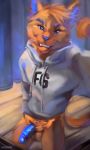  2019 anthro athletic balls blue_body blue_eyes blue_fur blue_nose blue_penis bottomless cheek_tuft circumcised claws clothed clothing crotch_tuft detailed_background digital_media_(artwork) domestic_cat esperpenta eyebrows face_tuft fangs felid feline felis fitting_room fur half-erect half_clothed head_tuft hi_res holding_penis humanoid_penis inner_ear_fluff inside looking_at_viewer male mammal orange_body orange_fur penis selfie signature slim smile smug solo standing sweatshirt teeth tuft vein veiny_penis whiskers 