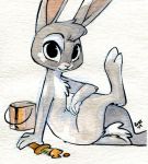  2017 ambiguous_gender anthro arm_support arm_tuft big_eyes biped briskby brush bucket chest_tuft elbow_tufts fluffy fur grey_body grey_fur head_tuft lagomorph leporid looking_at_viewer mammal paintbrush painting_(artwork) rabbit scut_tail signature simple_background sitting solo traditional_media_(artwork) tuft watercolor_(artwork) white_background white_body white_fur 