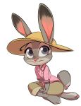  alpha_channel anthro barefoot biped bottomwear briskby clothed clothing dipstick_ears disney fur grey_body grey_fur hat headgear headwear hi_res judy_hopps lagomorph leporid looking_at_viewer mammal multicolored_ears pants pink_nose purple_eyes rabbit scut_tail shirt simple_background sitting solo topwear transparent_background zootopia 