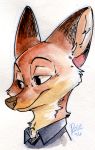  2016 anthro briskby bust_portrait canid canine cheek_tuft clothed clothing dipstick_ears disney face_tuft fox fur inner_ear_fluff mammal multicolored_ears neck_tuft nick_wilde painting_(artwork) portrait red_body red_fox red_fur shirt signature simple_background solo topwear traditional_media_(artwork) tuft watercolor_(artwork) white_background white_body white_fur zootopia 