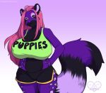  2019 ailurid anthro big_breasts bottomwear breasts clothed clothing digital_media_(artwork) ear_piercing ear_ring eyebrows eyelashes female fluffy fluffy_tail fur green_eyes hair kittydee long_hair mammal piercing pink_hair purple_body purple_fur shorts smile solo spots spotted_body spotted_fur standing 