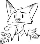  anthro black_and_white breath briskby canid canine cheek_tuft claws clothed clothing disney face_tuft fox huff looking_at_viewer mammal monochrome neck_tuft nick_wilde pawpads reaction_image shirt shrug simple_background sketch solo topwear tuft vertical_bar_eyes white_background zootopia 