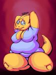  alphys anthro belly big_belly big_breasts biped breasts cleavage clothed clothing eyewear female front_view glasses hands_behind_head hi_res kneeling leotard looking_back love_handles non-mammal_breasts oddegon overweight overweight_female pose reptile scalie skinsuit solo thick_tail thick_thighs tight_clothing undertale video_games wide_hips 
