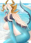  2019 anthro blush breasts dragon female hair hi_res horn nude open_mouth pipinonopino solo tongue 