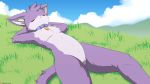  16:9 2019 4k absurd_res anthro collar domestic_cat felid feline felis female grape_jelly_(housepets!) hi_res housepets! lounging mammal nude outside patreon presenting pussy signature solo webcomic winick-lim 