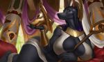  2019 anthro anubian_jackal big_breasts black_body black_fur black_hair breasts canid canine canis clothed clothing conqista deity detailed_background egyptian_mythology female fur hair hazoret_the_fervent holding_object jackal magic_the_gathering mammal middle_eastern_mythology mythology nipples purple_eyes signature solo staff 