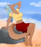  barefoot beach blue_hair blue_nose bottomwear brown_body brown_fur canid canine canis clothed clothing domestic_dog female fur hair hi_res long_hair long_tail mammal painted red_bottomwear red_clothing red_eyes red_skirt sea seaside skirt solo summer water zowslli 
