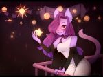  anthro balcony bottomwear bra breasts clothed clothing collar domestic_cat ear_tuft earth felid feline felis female fully_clothed hair hi_res jacket leaning long_hair mammal nova-aurora pants planet purple_hair rinli rocket shirt smile solo standing star tank_top text topwear tuft underwear 