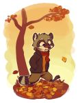 2019 ambiguous_gender anthro autumn barefoot benjamin_(fuel) biped border cheek_tuft clothed clothing face_tuft facial_markings fuel_(artist) gradient_background hands_in_pockets head_markings head_tuft hi_res jacket leaf mammal markings mask_(marking) open_jacket orange_background outline outside pockets procyonid raccoon ringtail scarf simple_background solo standing topwear tree tuft walking white_border 