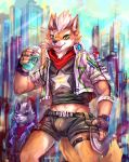  2019 anthro beverage bulge canid canine canis cheetahpaws clothed clothing detailed_background duo fox fox_mccloud front_view hi_res looking_at_viewer male mammal nintendo star_fox starbucks video_games wolf wolf_o&#039;donnell 
