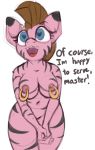 &lt;3 &lt;3_eyes anthro breasts dialogue dusty_tomes english_text female hi_res marsminer my_little_pony nipple_piercing nipples nude piercing simple_background slave solo text tongue zebradom 