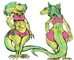  2019 agamid anthro breasts bulge claws clothed clothing frill_(anatomy) frill_piercing frilled_lizard furgonomics furry-specific_piercing gynomorph haifisch_ehrlich intersex lizard membrane_(anatomy) membranous_frill non-mammal_breasts piercing reptile scales scalie simple_background standing tongue tongue_out 