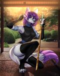  4_toes armwear butt canid canine clothing digitigrade dipstick_tail female fox furewix hair heterochromia hi_res legwear looking_at_viewer mammal melee_weapon multicolored_tail purple_hair solo sword tight_clothing toes weapon 