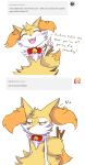  &lt;3 2017 3_fingers absurd_res anthro ask_blog bell black_body black_fur blush braixen canid canine cute_fangs dialogue digital_media_(artwork) dipstick_tail english_text eyelashes eyes_closed fan_character fangs female fingers fortuna_(unknownlifeform) fur heart_nose hi_res inner_ear_fluff jingle_bell mammal multicolored_tail neck_bow nintendo open_mouth orange_body orange_fur pok&eacute;mon pok&eacute;mon_(species) red_eyes simple_background solo standing stick text tuft tumblr unknownlifeform video_games white_background white_body white_fur yellow_body yellow_fur 